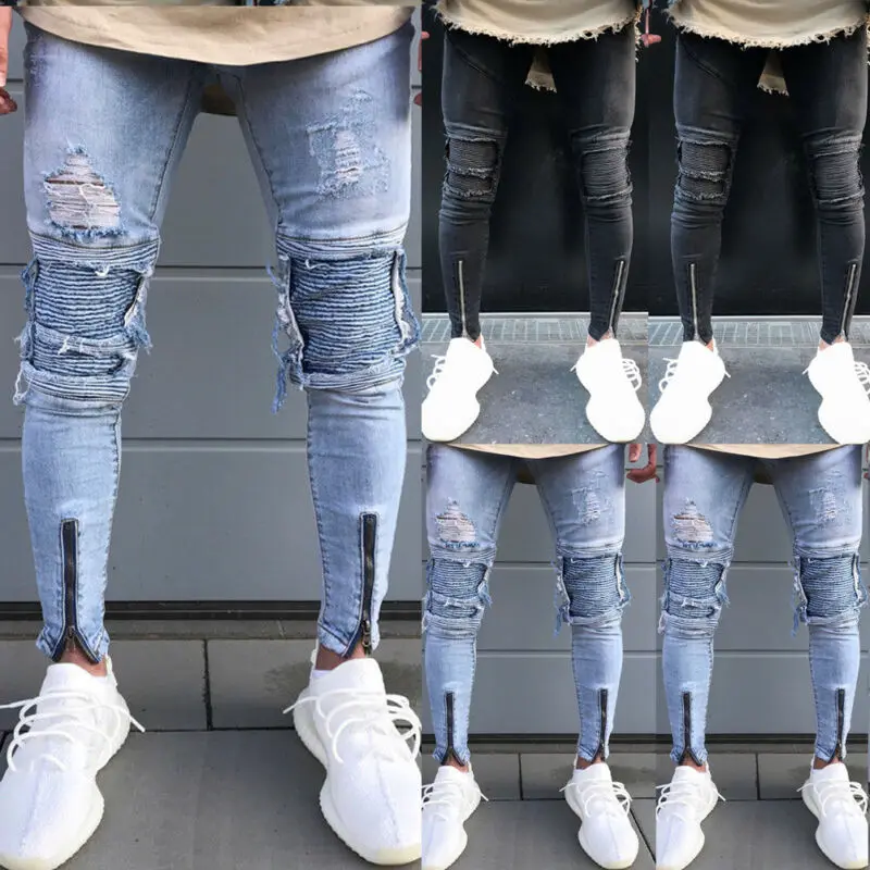 Мужские облегающие Прямые рваные потертые Стрейчевые джинсовые брюки-стрейч на