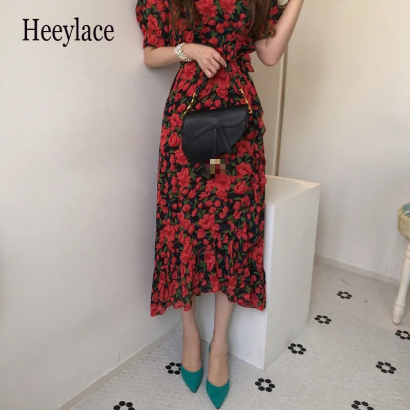 90s платье ретро с цветочным принтом женское французское v-образным вырезом и