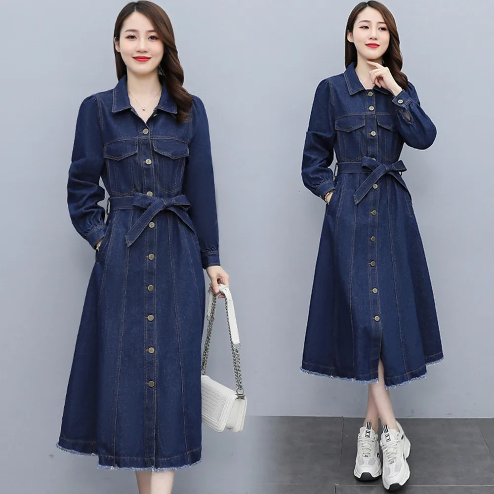 

New Spring Autumn Women Dress Casual Turn-Down Collar Single Button Sashes Slim Solid MD-Long Jeans For Females Denim One-Piece
