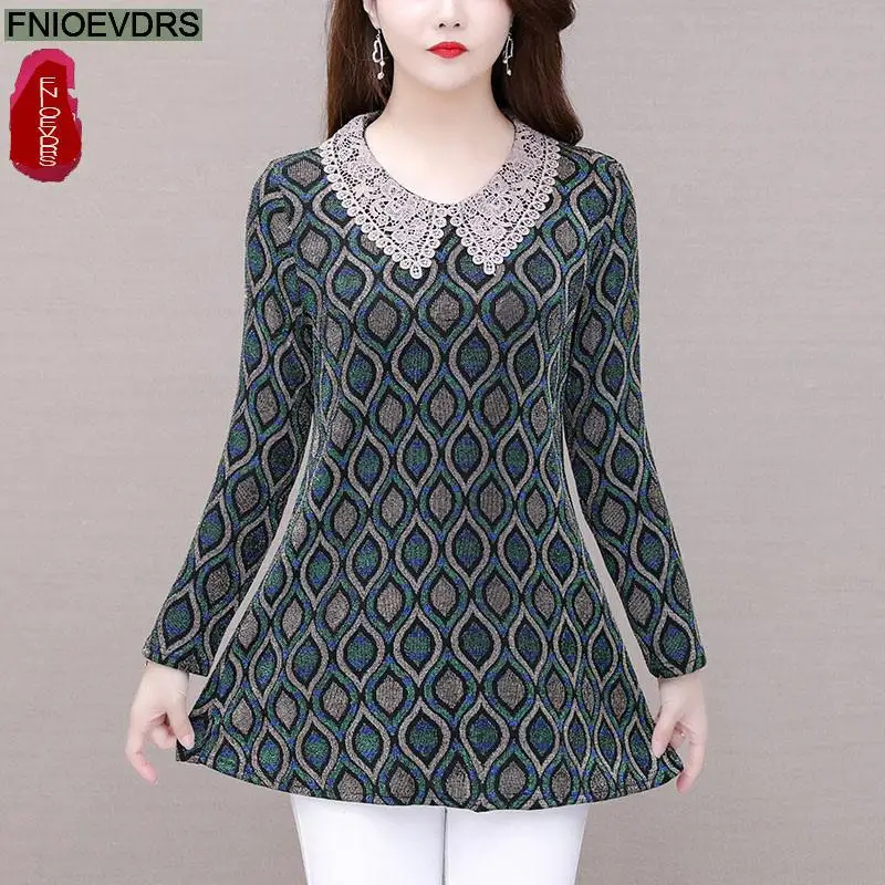 

L-5XL 2021 Women Elegant Office Lady Vintage Peter Pan Collar Loose Warm Velvet Peplum Tops Print Long Tunic Basic Shirts Blouse