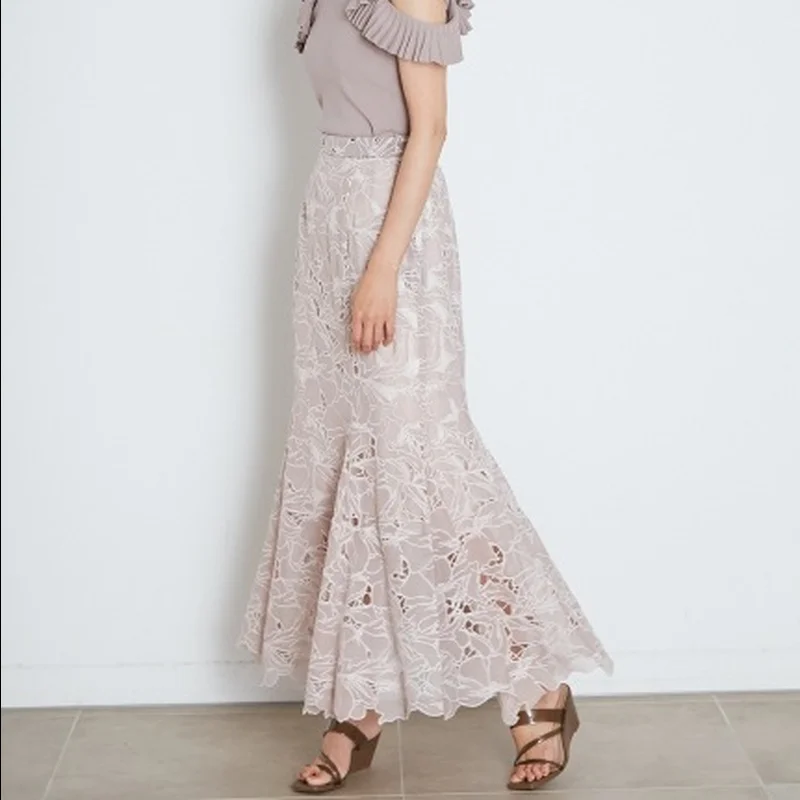 

Sweet Chic Lace Hook Flower Design Skirts Womens Summer Fashion Feminino Hollow Out Trumpet Skirt High Waist Hip Long Jupe