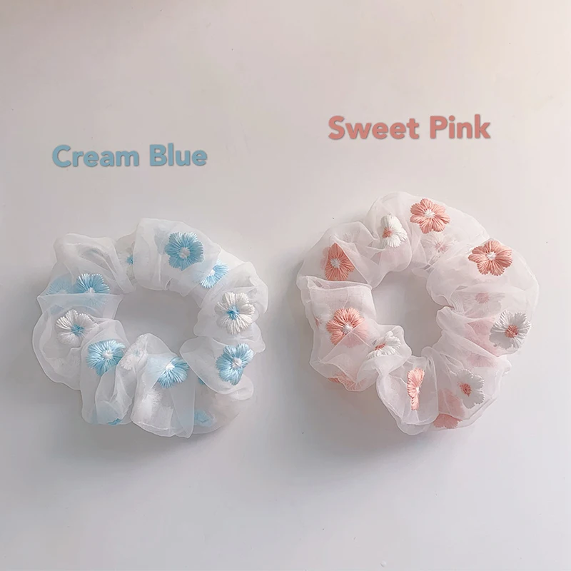 

Sweet Embroidery Flowers Mesh Scrunchies Women Romantic Pink Blue Hair Rope Transparent Tulle Hair Ties Hair Accessories