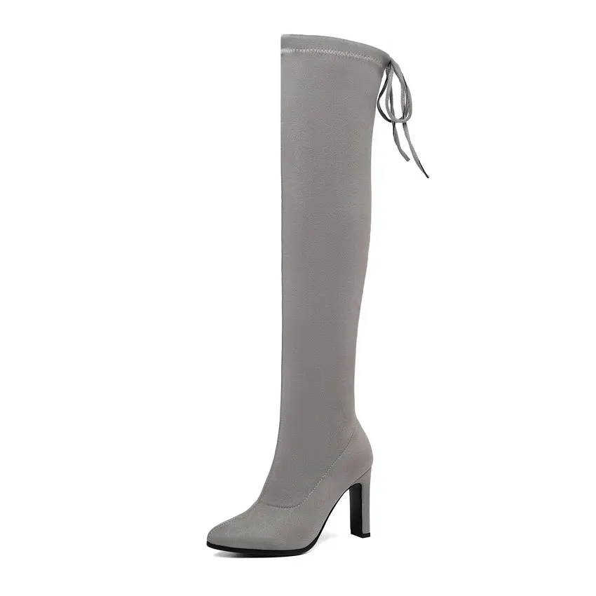 Light Gray ENMAYER/ г. Новые узкие сапоги из PU искусственной замши с острым носком на шнуровке зимние Стрейчевые Женские Сапоги выше колена на тонком каблуке размеры 34-43 - Цвет: Light Gray