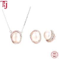 tkj fine real pearl earrings necklace ring jewelry sets for women 925 silver pink color 9mm pearl ear ring mother gifts