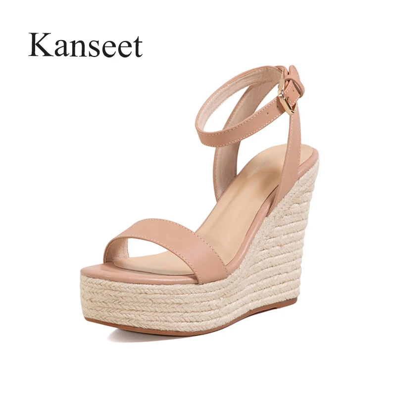 Kanseet Women's Sandals Summer 2021 Platform Shoes 12cm High Heels Genuine Leather Handmade Weave Wedges Open-Toed Female Shoes