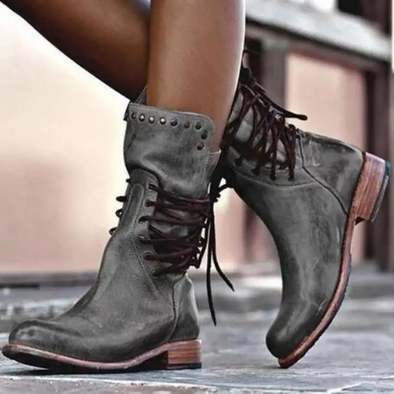 New Retro Woman Shoes Pu Leather Winter Boots Women Fashion Vintage Rivets Round Toe Lace-Up Mid-calf Zipper Boots 43