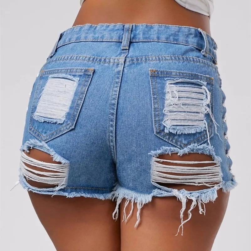 

Sexy Summer Women Denim Shorts New Black Blue High Waist Ripped Short Jeans Femme Tassel Lace Up Bandage Hotpants