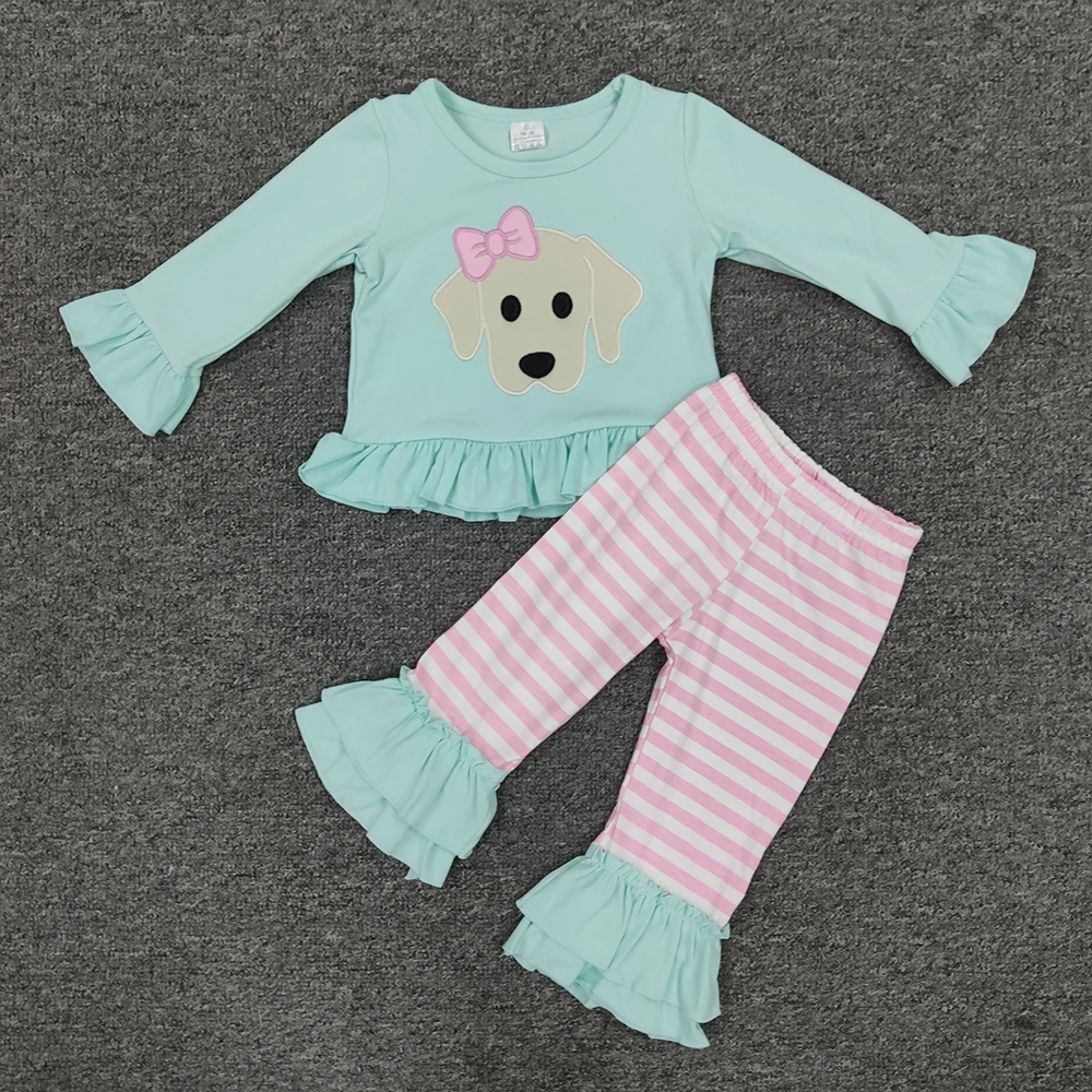 Ropa de oto&ntilde;o para ni&ntilde;os, Top de manga larga azul y pantalones a cuadros blancos, tres patrones de bordado de Tractor-5