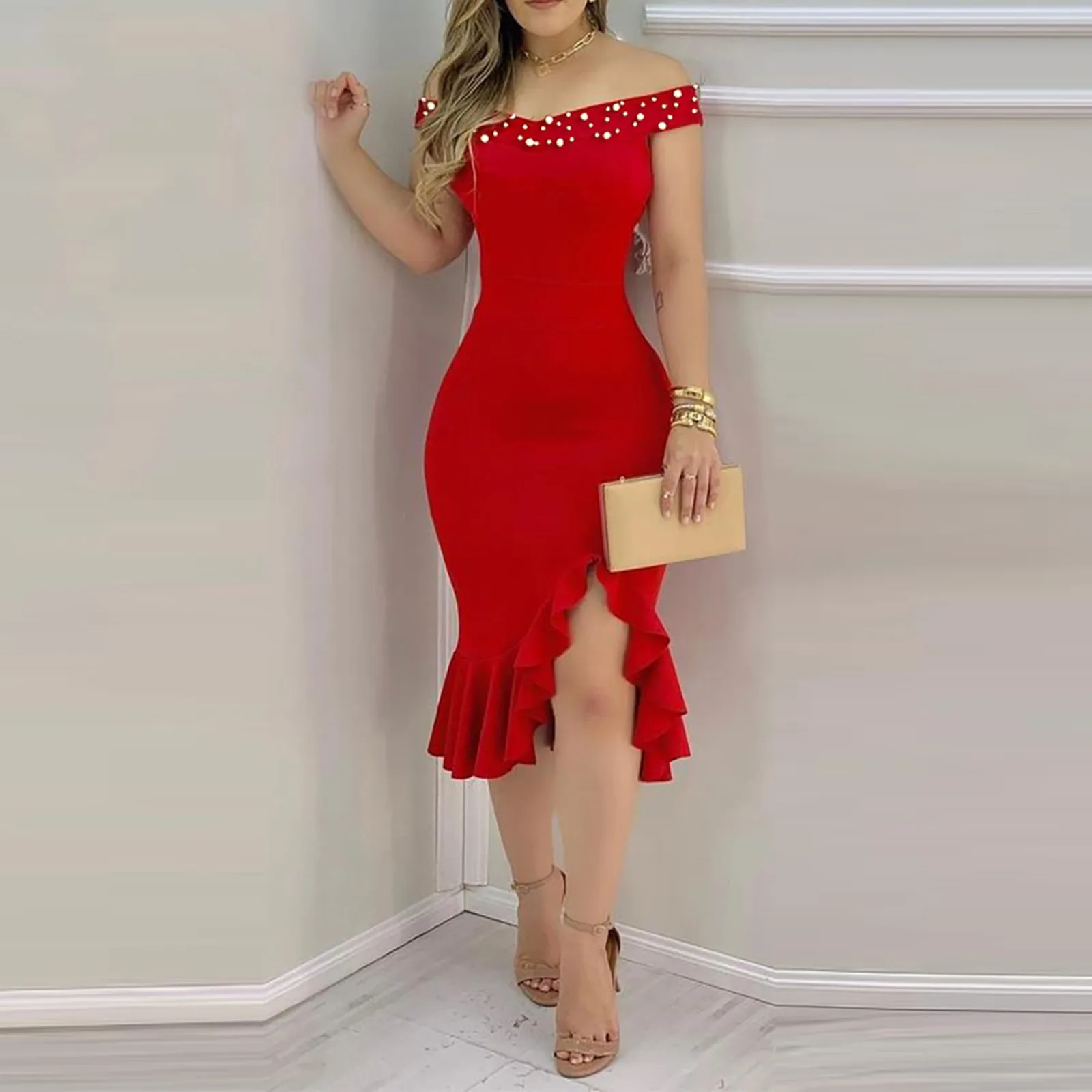 

Модные Женские однотонные платья с открытыми плечами для лета 2021, облегающее пикантное платье с воротником-лодочкой и жемчугом, платье миди...