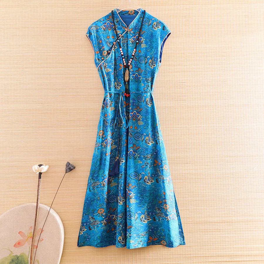 

Женское платье-Ципао с цветочным принтом, облегающее ТРАПЕЦИЕВИДНОЕ ПЛАТЬЕ в китайском стиле с поясом, лето 2020