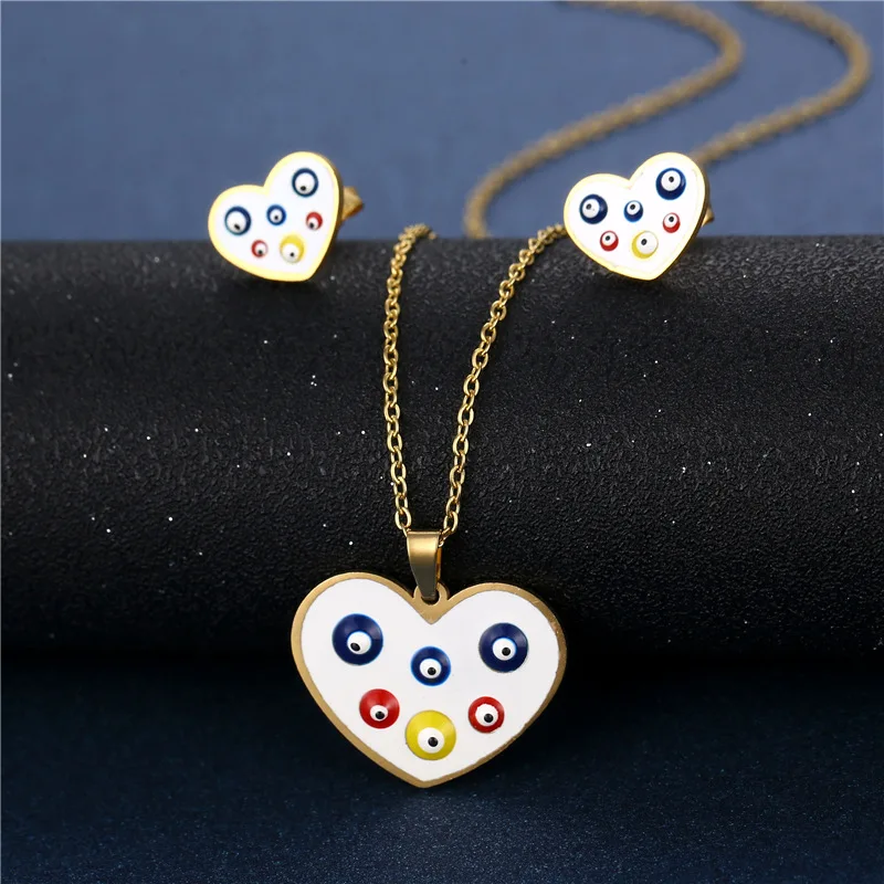 

Turkish Style Evil Eyes Necklace Earrings Jewelry Set For Women Stainless Steel Heart Necklace Gold Clavicle Chain Jewelry Gift