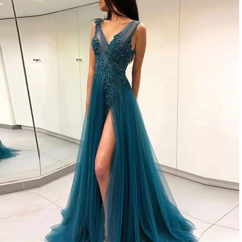

Sexy High Slit V-Neck Prom Dress 2022 Women Party Night Long Vestidos Gala Lace Appliques Evening Gown A-Line Robe De Soiree