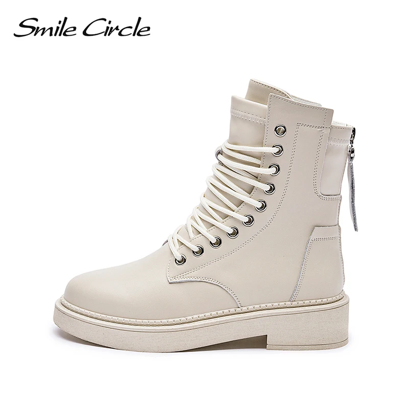 Smile Circle/ботильоны Женская обувь на плоской платформе Зимние ботинки из натуральной кожи Модная теплая