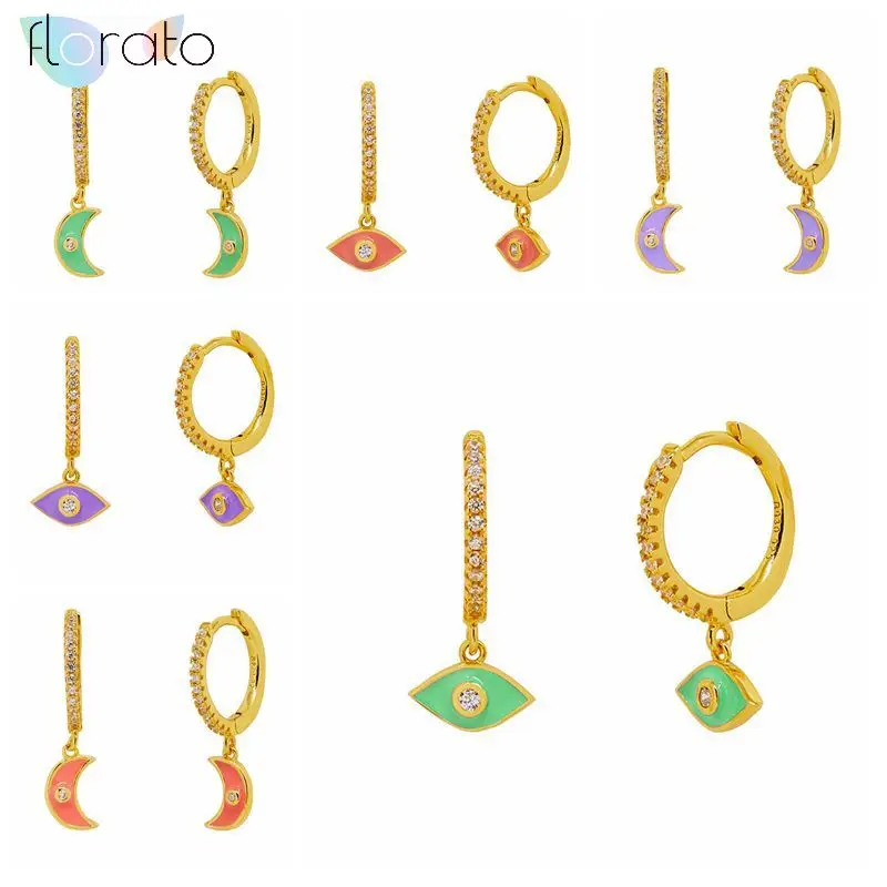

925 Sterling Silver Ear Buckle Hoop Earrings For Women Evil Eye Moon Earrings Candy Color Enamel Earrings Fashion Jewelry