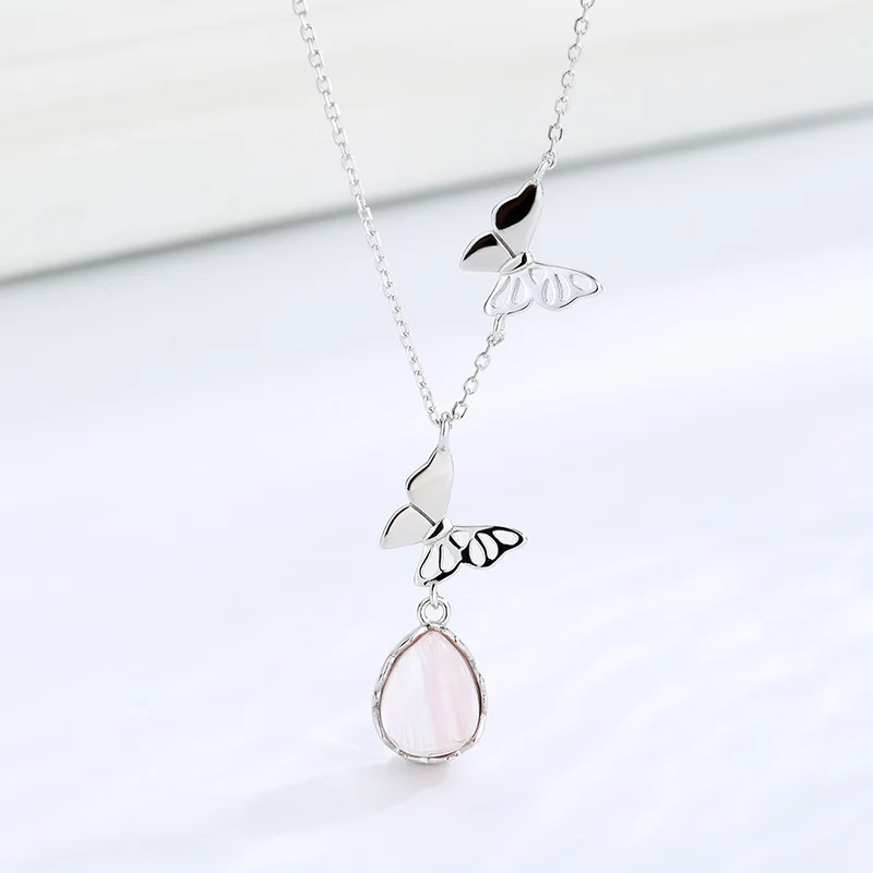 

S925 Sterling Silver Double Butterfly Pink Glaze Necklace Women Clavicle Chain Necklace