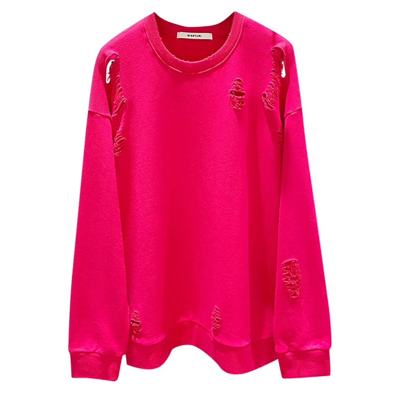 

Lazy Wind Hole Sweatshirt 2020 Autumn and Winter New Loose Fashion Round Neck Women's Long Sleeve Cotton Pullover Casual Hoodies