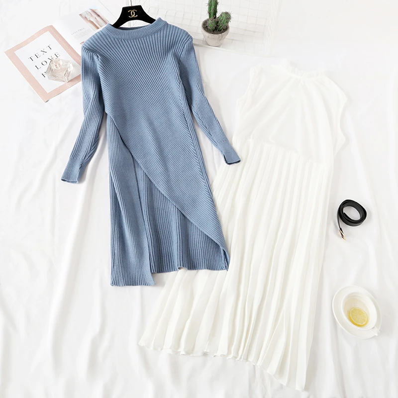 

Autumn Winter New Women Set Korean Long Sleeve Two Piece Set Knitted Sweater Dress Vintage Loose Pullover Sweater Women Dresses