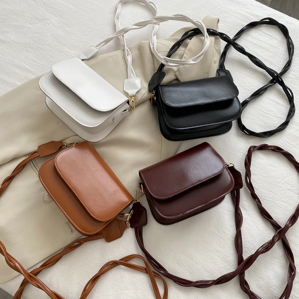 

Classic Women Solid Color Crossbody Bag Female Weave Belt PU Leather Flap Small Square Shoulder Pouch