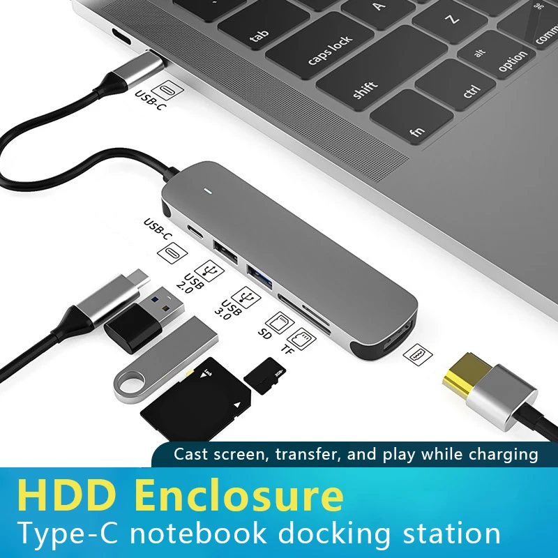 

C49 Type C Hub Adapter Multifunctional Docking Station 4K HD Same Screen 3.0 USB Notebook 6-in-1 [HDMI+Dual USB+SD/TF+Charging]