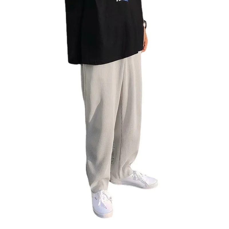 

Pleated straight-leg pants men's fashion stretch waist casual pants street loose ice silk trousers men's wide-leg pants S-3XL