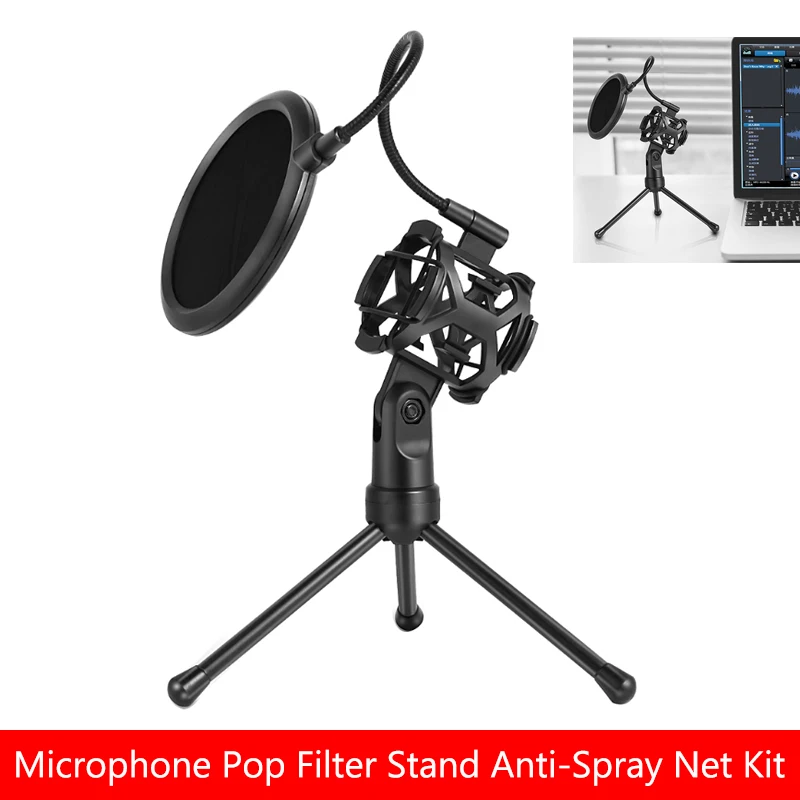 

Microphone Pop Filter Holder Portable Desktop Tripod Stand Anti-Spray Net Kit With Shock Mount for Broadcast Online Conference