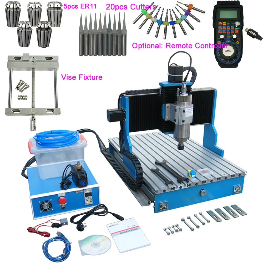 

USB 4 Axis Linear Guide Rail 1.5KW CNC Router 6040 Metal Engraving Machine with MACH3 Remote Wireless Controller Vise Fixture
