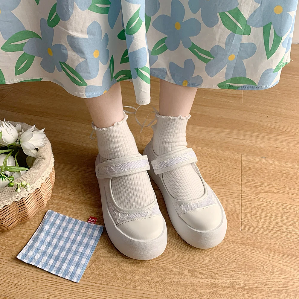 

Style Korean New Mary Janes Canvas Casual Versatile Girl Retro Lace Velcro Single Shoes Women's Flats Loafers