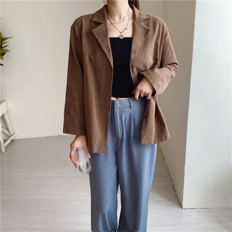 

2021 New Women Spring Linen Blazer Coat Single Breasted Short Suit Jacket Full Sleeve Outwear