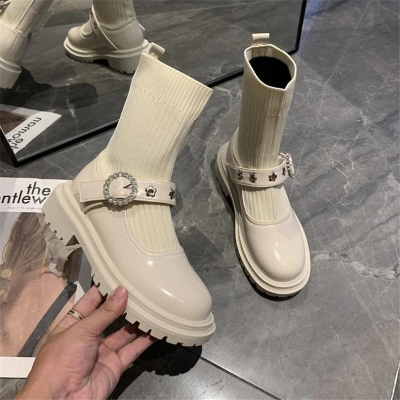 

New Autumn Winter Women Socks Shoes Ladies Casual Platform Knitted Ankle Boots Mid Heels Female Mary Jane Shoes Botas De Mujer