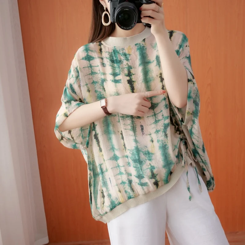 

DIMANAF 2021 Plus Size Women T-Shirt O-Neck Knitting Patchwork Striped Tee Shirt Loose Vintage Bat Summer Oversize Tops 5XL 6XL