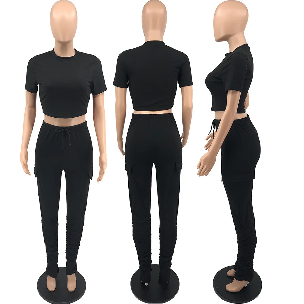 

Women Solid Color Tracksuit Summer O Neck Short Sleeve Crop Top And Pockets Pencil Pants Fashion 2 Piece Set Plus Size S-XXL