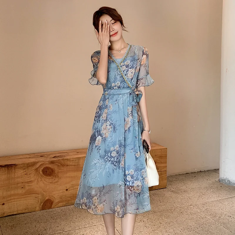 

Xl-5xl Plus Size Fat Sister Mm Summer Dress 2021 New Style Temperament Korean Version Close Waist Thin Broken Flower Chiffon Ski