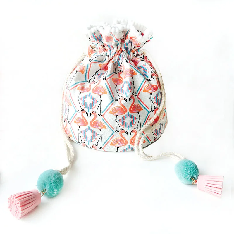 

YiBel Original Design Women's Bag Bohemia Retro Canvas Handbag Beach Travelling Barrel Messenger Bag Slim Strap Flamingo Patter