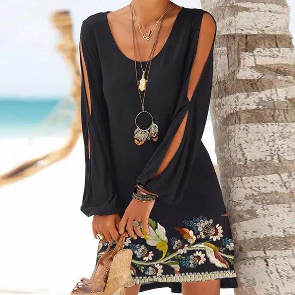 

Sexy V Neck Floral Print Patchwork Party Dress 2021 Spring Summer Hollow Out Long Sleeve Dresses Retro Elegant A-Line Mini Dress