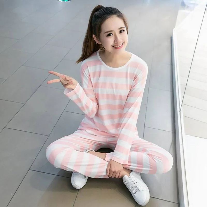 

Women's Striped Print Long Sleeves Pajama Sets Female Spring Autumn Sweet Loose Sleepwear Nightwear 2020.