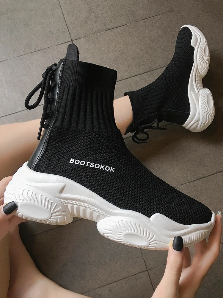 

Ins Socks Shoes Women's 2022 New Fall Student Fly Woven Mesh Face Breathable Muffin Old Dad Shoes High Top Sneakers