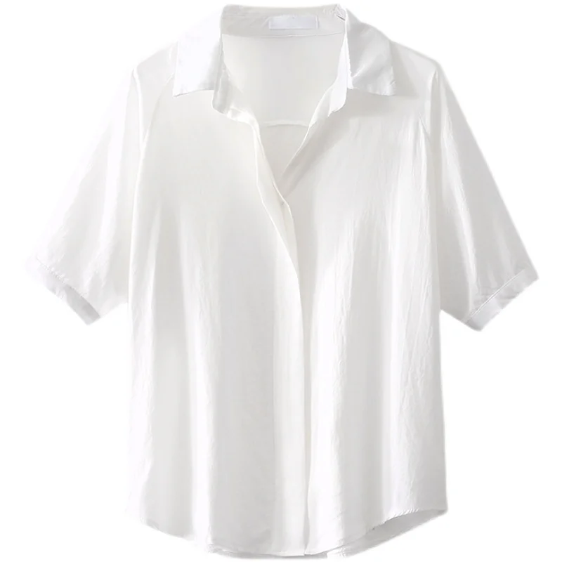 

Houthion Chiffon Slim Women's Blouses New Casual Blouse Solid Color V-neck Shirt Summer Fashion Short Sleeve Top