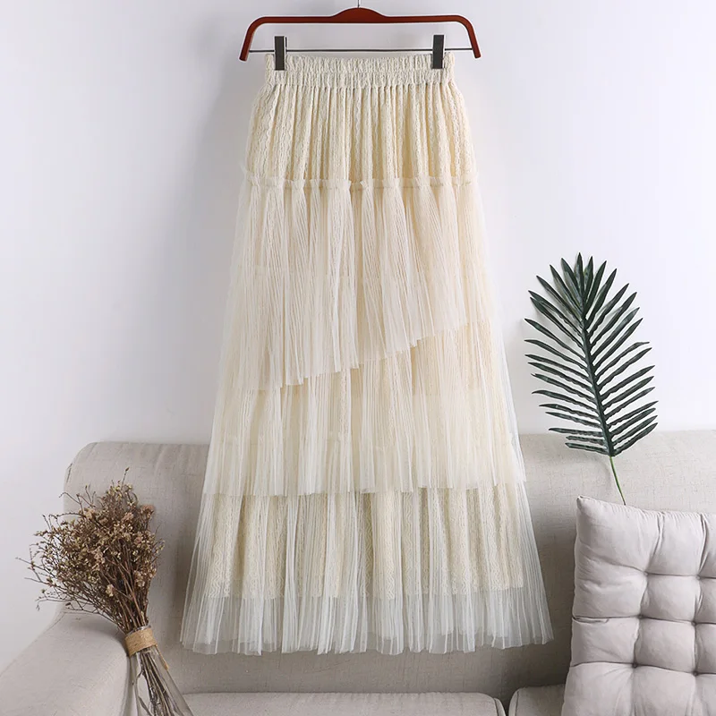 

Vintage Lace Patchwork Mesh Skirts Female Irregular Soft Tulle Skirts Women Elastic Waist Party Summer High waist Skirts