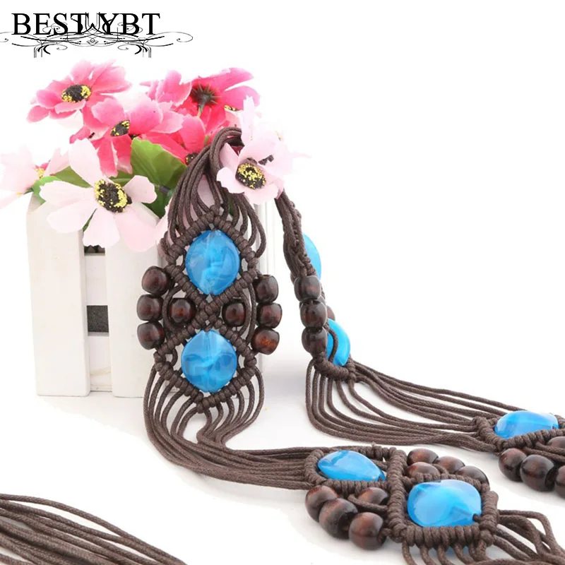 Женский ремень YBT в национальном стиле плетеный вручную с деревянными бусинами