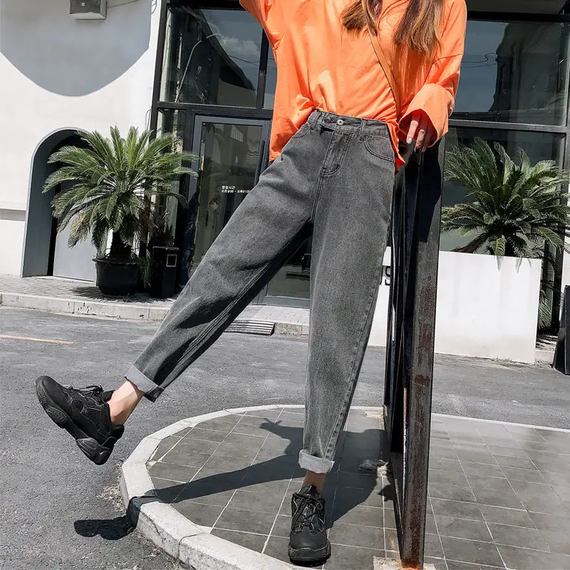 

Women's Spring Autumn Style Cotton Harem Pants Women's Solid Color High Waist Button Fly Loose Pocket Zipper Casual Jeans KK0236