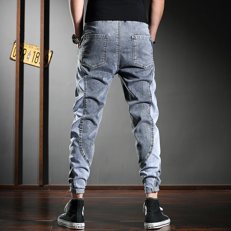Autumn Men Fashion Embroidery Gray Jeans Slim Fit Pencil Pants Streetwear Drawstring Denim Trousers