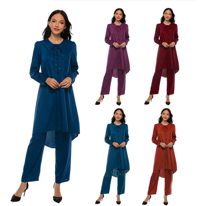 

2Pcs Set Muslim Party Dresses Women Abaya Dress Sets Long Blouse Asymmetry Pants Kaftan Ramadan Turkey Suits Islamic Clothes