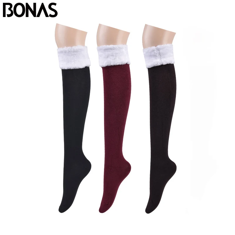 Black Red Coffee BONAS, 3 шт., гольфы, теплые чулки, Женские однотонные гольфы, женские хлопковые чулки для девочек, пушистые зимние носки, 53 см - Цвет: Black Red Coffee