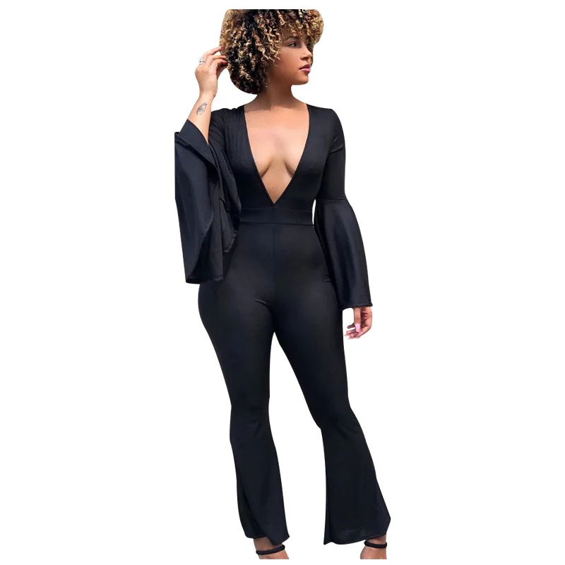 

Fashion Women Solid Color Flared Jumpsuits Lady's Low Cut V-Neck Flared Sleeves Skinny Rompers 2020 Autumn New Nightclub Wear
