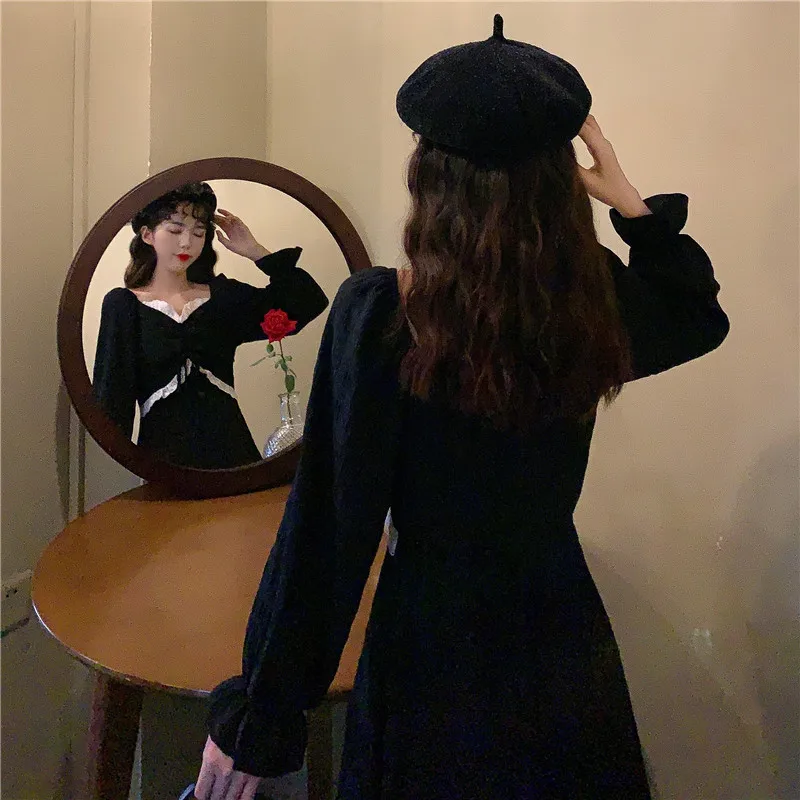 

Korean Style Party Vintage Dress 2020 Autumn Women's Clothing Black Gothic Dress Women Designer Lace-Up Midi Dress Chic Casual