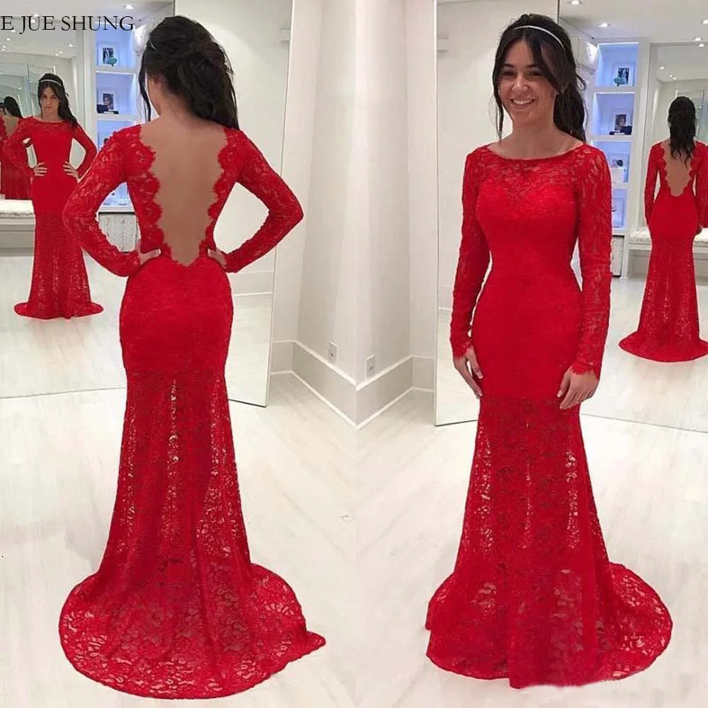 

E JUE SHUNG Red Lace Mermaid Long Evening Dresses Long sleeves Sheer Back Prom Dresses Evening Gowns Formal Dresses