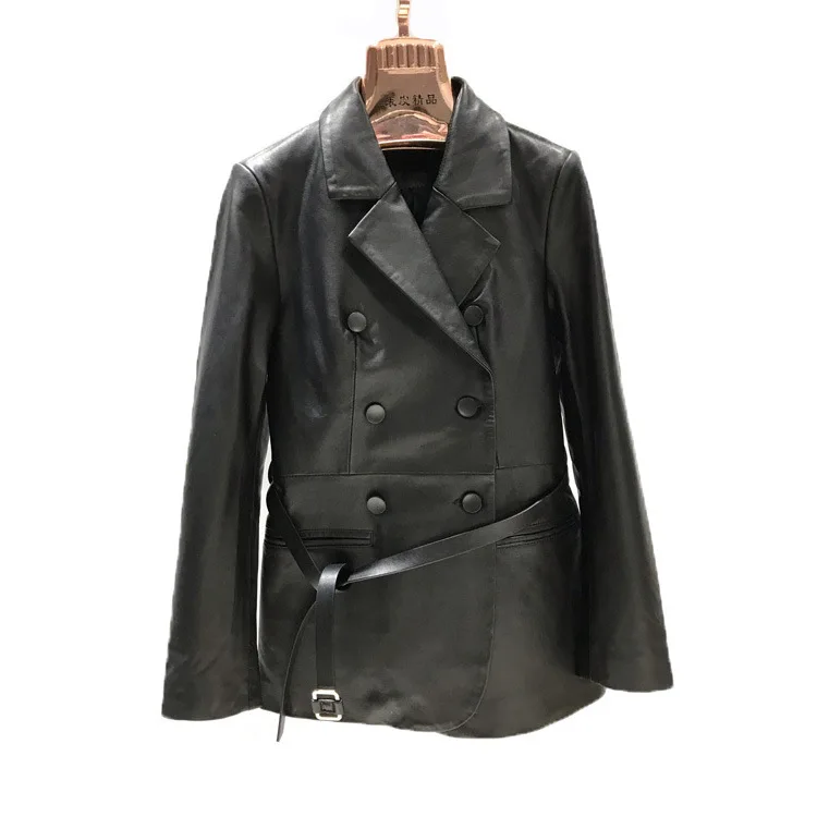 Abrigo de cuero de oveja auténtico para mujer, chaqueta de cuero genuino para mujer, cinturón de doble botonadura, abrigos negros ajustados, gabardina