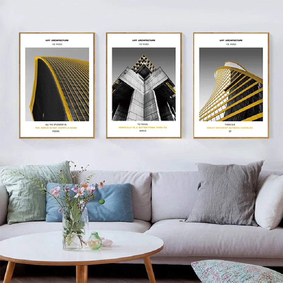 Скандинавская черно желтая архитектурная Картина на холсте постеры и принты