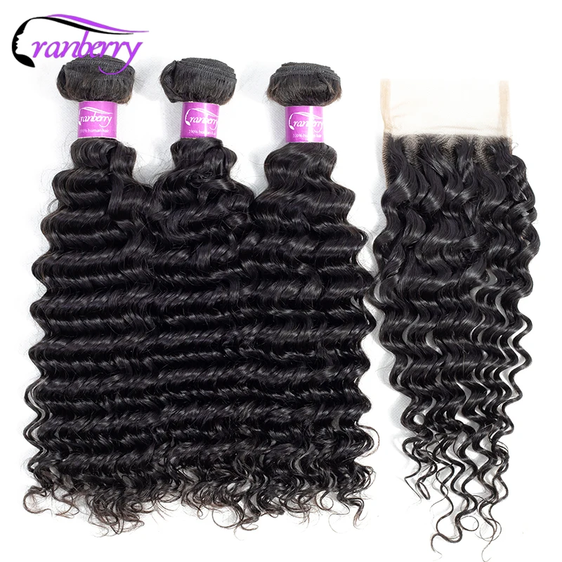 Cranberry Hair Deep Wave Bundles With Closure 100% Remy Peruvian Human Hair Bundles With Closure Free Middle Three Part Closure