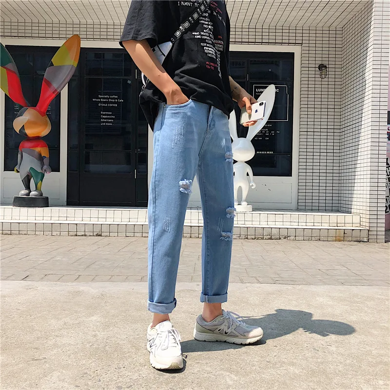 

Fashion Men Ripped Jeans Loose Fit Cuffs Cargo Pants 2019 Summer Autumn Streetwear Hip Hop Joggers Ankle Length Jeans